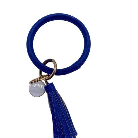 Royal Blue Leather Bangle Keychain With Tassel Gold Charm & Rings Wristlet - Picture 1 of 4
